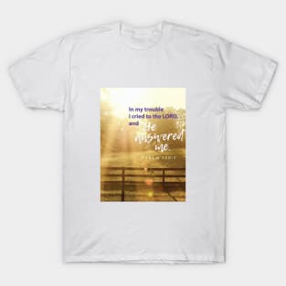 In my trouble I cried to the Lord and He answered me.  Psalm 120:1 T-Shirt